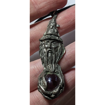 Vintage 90s Pewter Wizard Holding A Red Marble Pendant Necklace