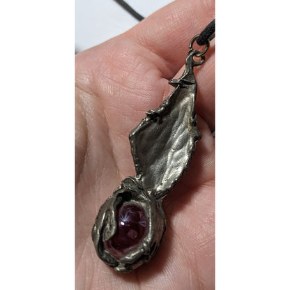 Vintage 90s Pewter Wizard Holding A Red Marble Pendant Necklace