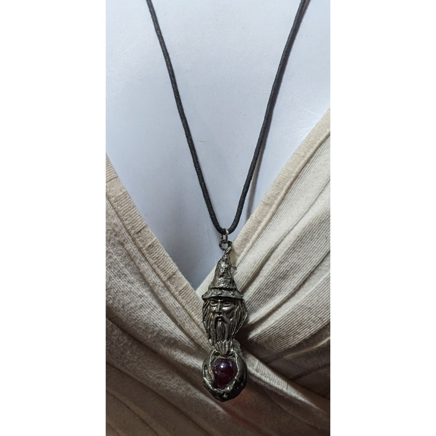 Vintage 90s Pewter Wizard Holding A Red Marble Pendant Necklace