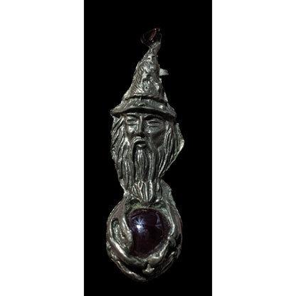 Vintage 90s Pewter Wizard Holding A Red Marble Pendant Necklace