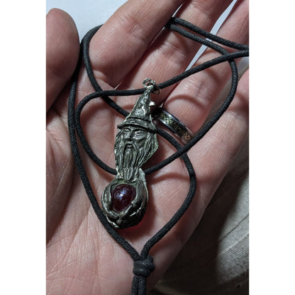 Vintage 90s Pewter Wizard Holding A Red Marble Pendant Necklace