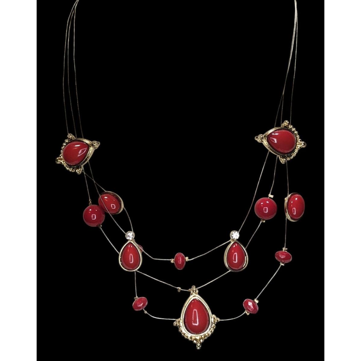 Boho Glam Statement Red Layered Necklace Charming Charlie Gold Tone