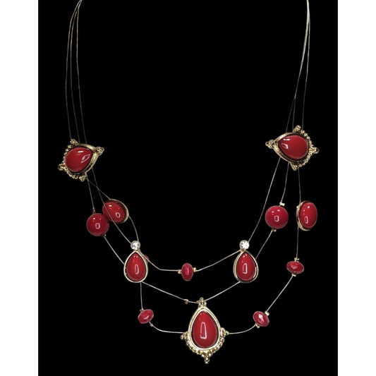 Boho Glam Statement Red Layered Necklace Charming Charlie Gold Tone