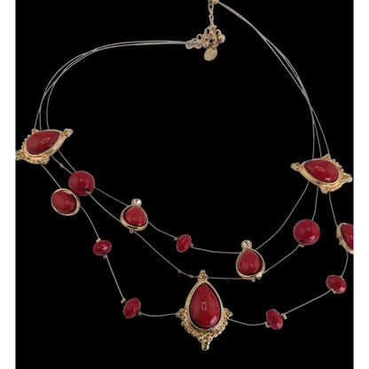 Boho Glam Statement Red Layered Necklace Charming Charlie Gold Tone
