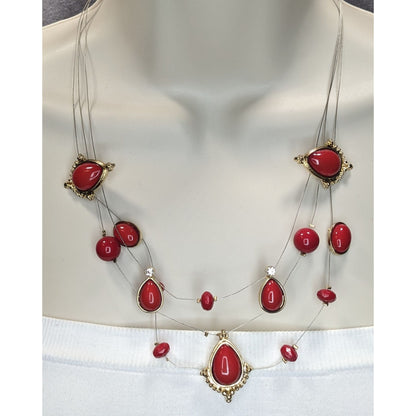 Boho Glam Statement Red Layered Necklace Charming Charlie Gold Tone