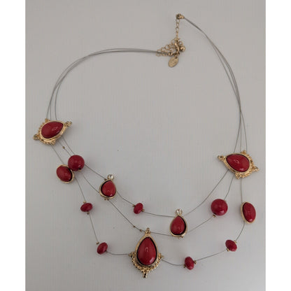Boho Glam Statement Red Layered Necklace Charming Charlie Gold Tone