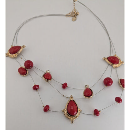 Boho Glam Statement Red Layered Necklace Charming Charlie Gold Tone