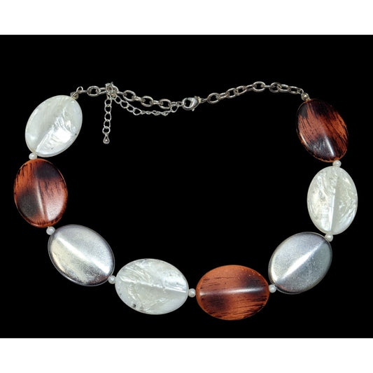 Retro Wood-Look Brown White And Silver Tone Beaded Necklace