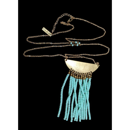 Jane Marie Gold Tone Blue Glass Pendant Fringe Necklace