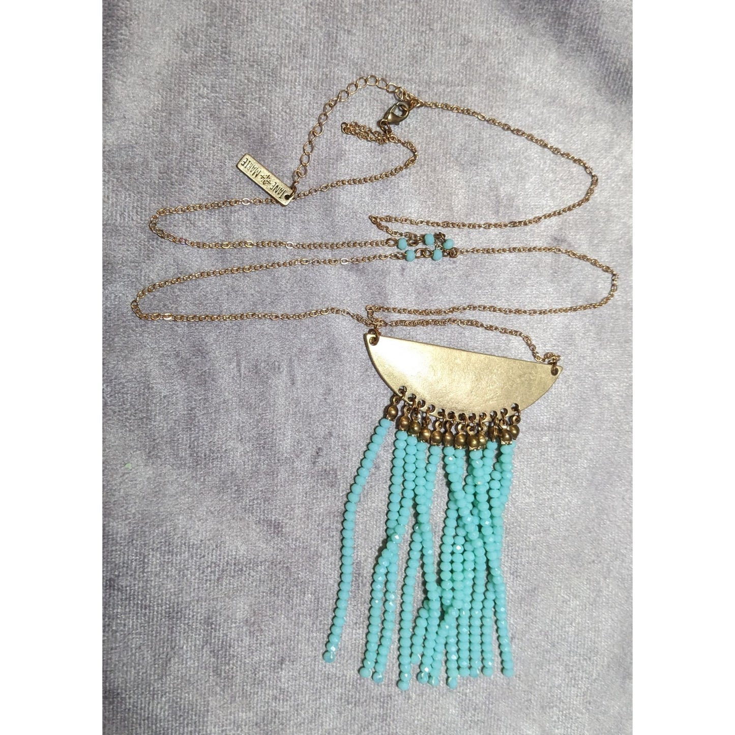 Jane Marie Gold Tone Blue Glass Pendant Fringe Necklace