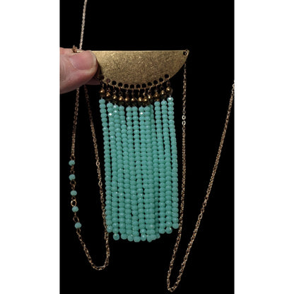 Jane Marie Gold Tone Blue Glass Pendant Fringe Necklace