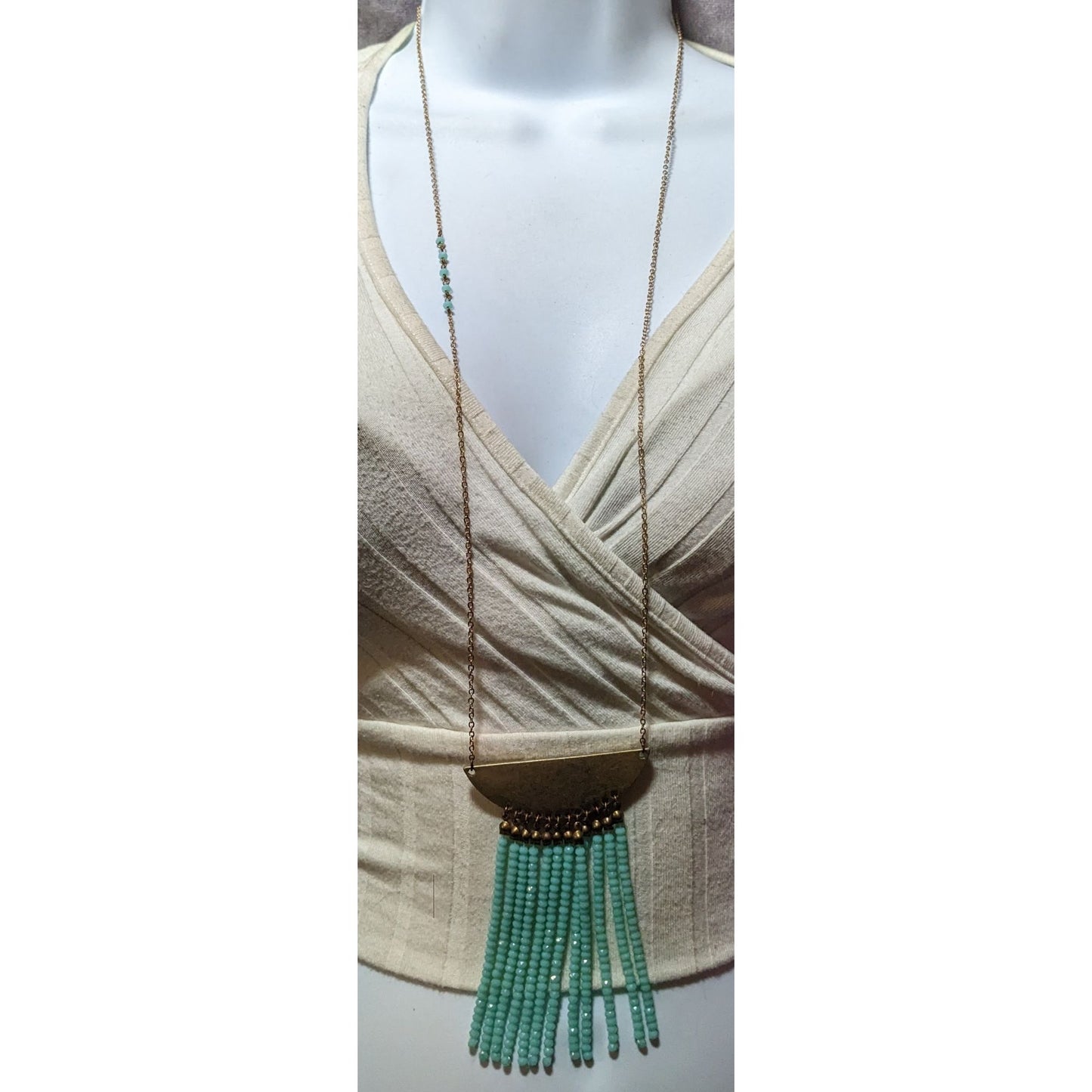 Jane Marie Gold Tone Blue Glass Pendant Fringe Necklace