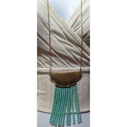 Jane Marie Gold Tone Blue Glass Pendant Fringe Necklace