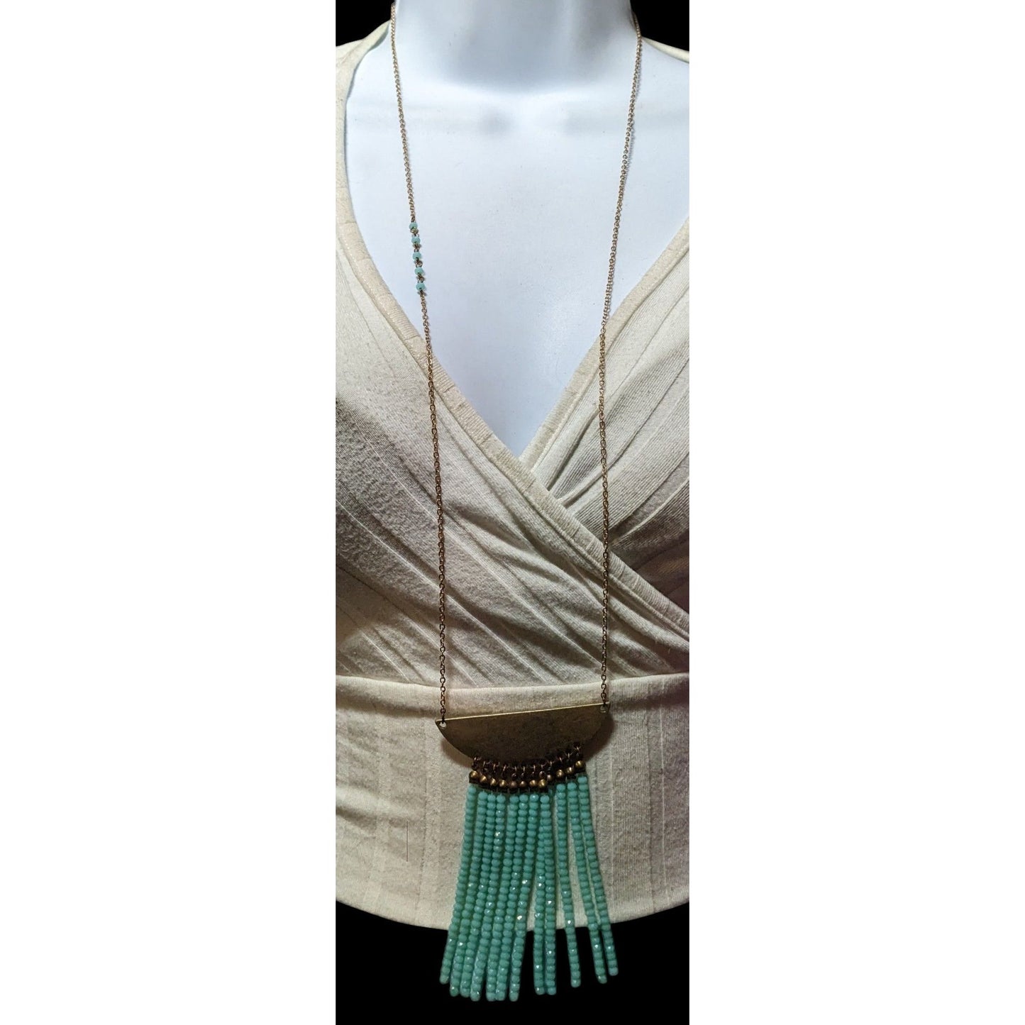 Jane Marie Gold Tone Blue Glass Pendant Fringe Necklace