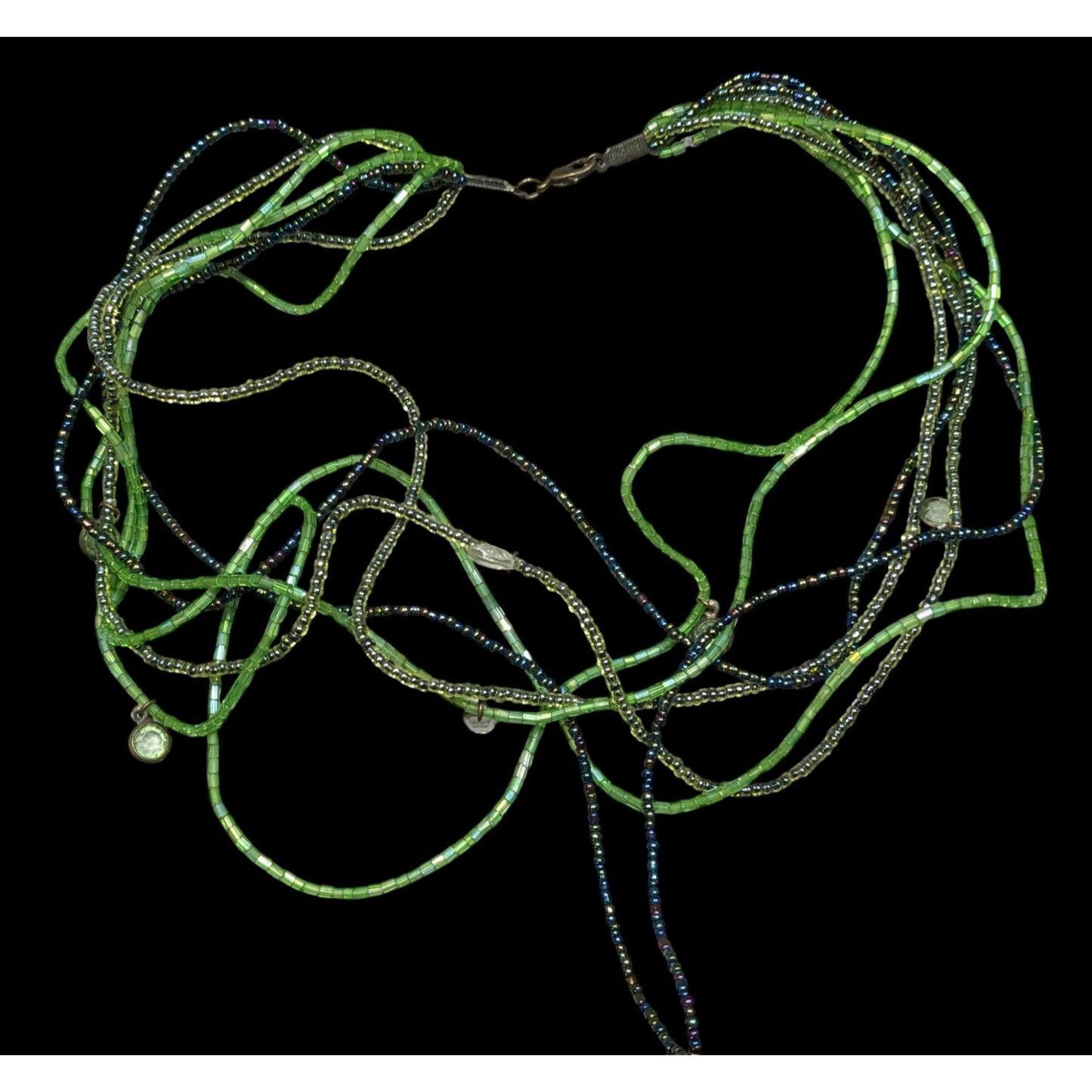 Wiggly Fantasy Green Glass Beaded Layered Necklace With Small Charms & Lobster Clasp Closure