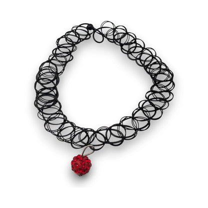 90s Y2K Gothic Black Tattoo Choker Red Rhinestone Ball Pendant Stretch Necklace