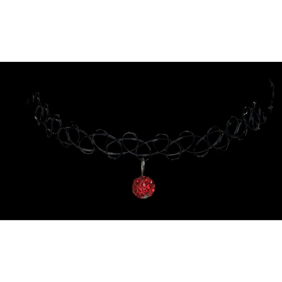 90s Y2K Gothic Black Tattoo Choker Red Rhinestone Ball Pendant Stretch Necklace