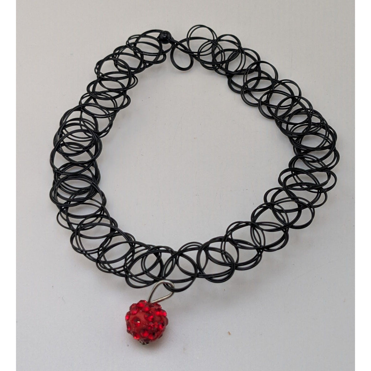 90s Y2K Gothic Black Tattoo Choker Red Rhinestone Ball Pendant Stretch Necklace