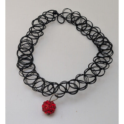 90s Y2K Gothic Black Tattoo Choker Red Rhinestone Ball Pendant Stretch Necklace