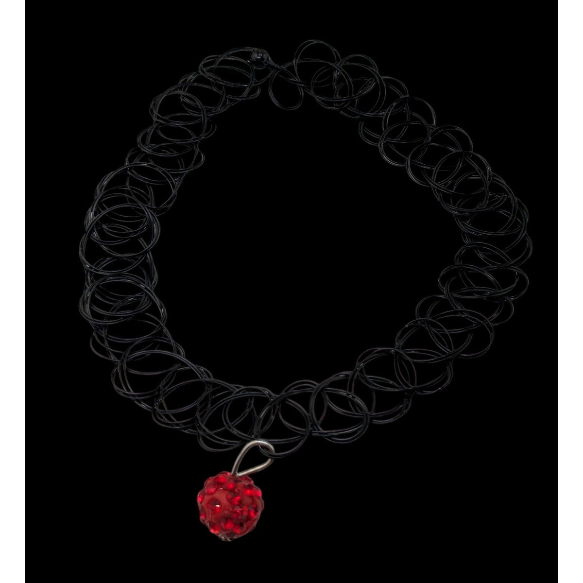 90s Y2K Gothic Black Tattoo Choker Red Rhinestone Ball Pendant Stretch Necklace