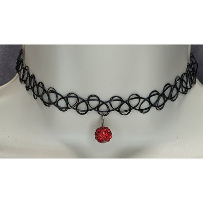 90s Y2K Gothic Black Tattoo Choker Red Rhinestone Ball Pendant Stretch Necklace