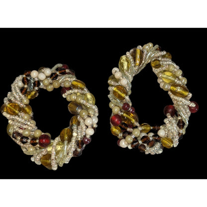 Boho Beaded Napkin Rings Amber Brown Pearl Seed Bead Pair