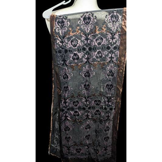 Brown And Lilac Gothic Damask Velvet Burnout Scarf