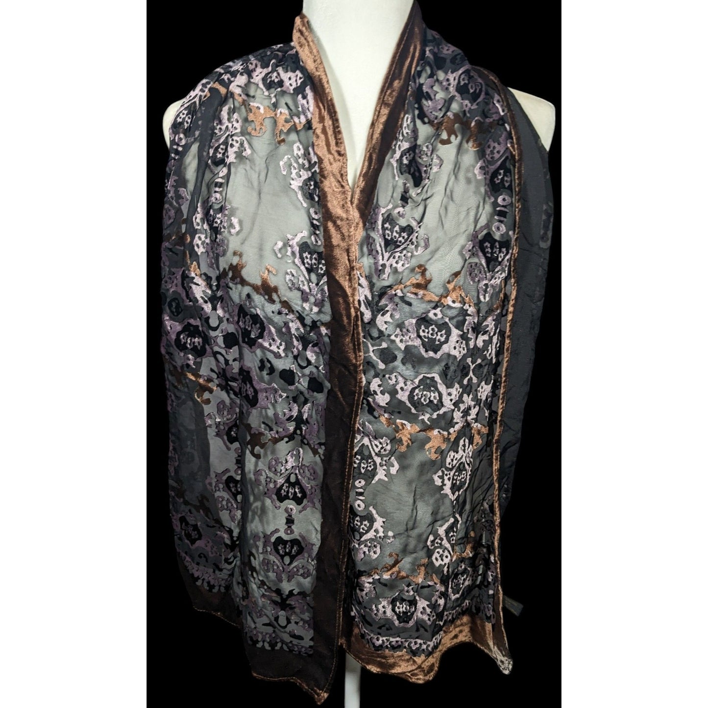 Brown And Lilac Gothic Damask Velvet Burnout Scarf