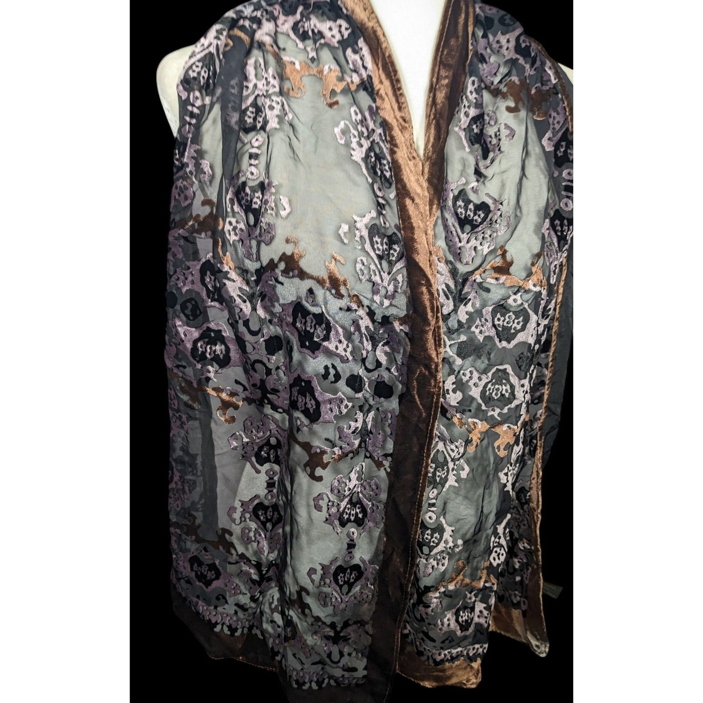 Brown And Lilac Gothic Damask Velvet Burnout Scarf