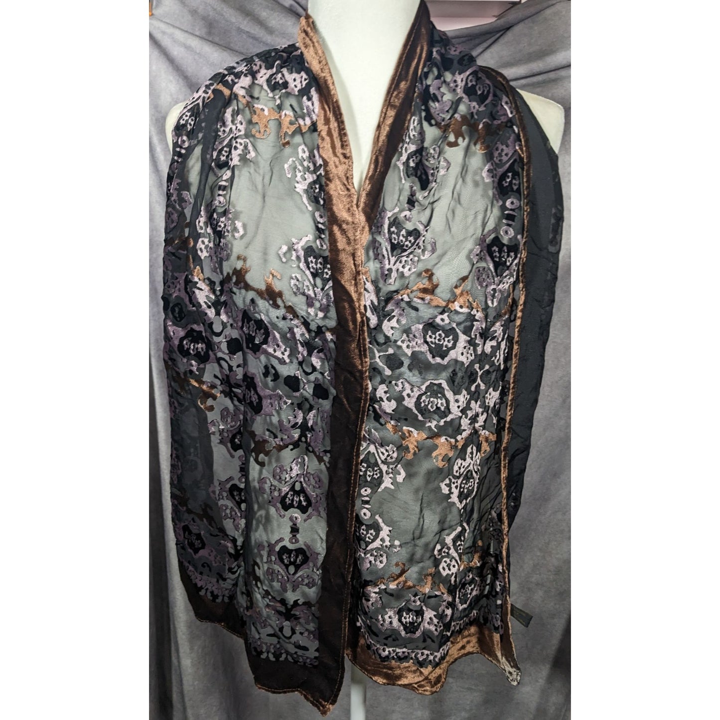 Brown And Lilac Gothic Damask Velvet Burnout Scarf