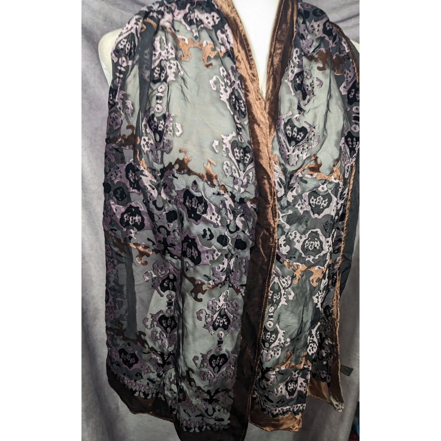 Brown And Lilac Gothic Damask Velvet Burnout Scarf