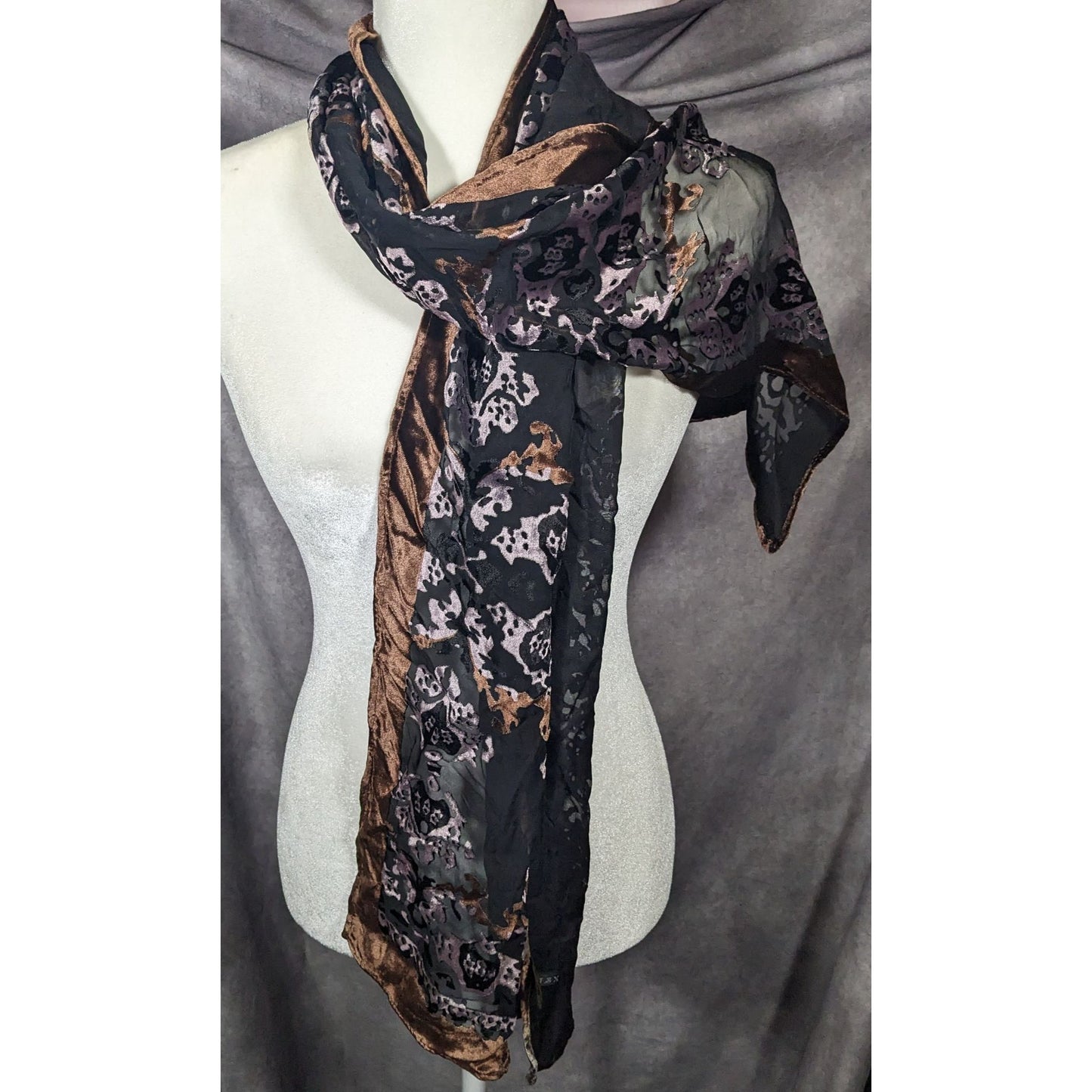 Brown And Lilac Gothic Damask Velvet Burnout Scarf