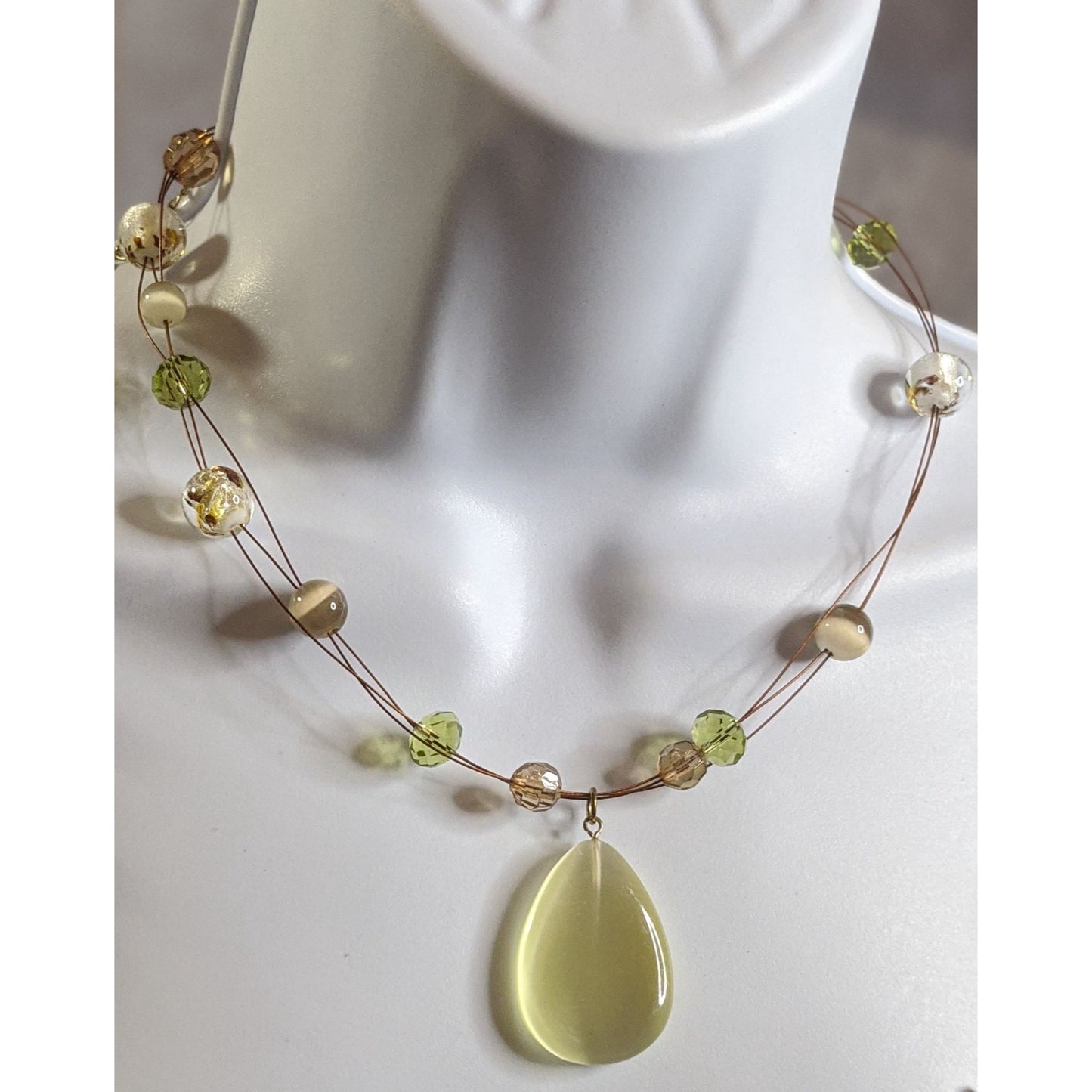 Spring Inspired Beaded Necklace With Yellow Teardrop Glass Pendant