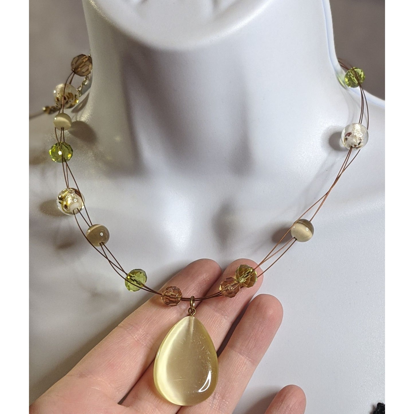 Spring Inspired Beaded Necklace With Yellow Teardrop Glass Pendant