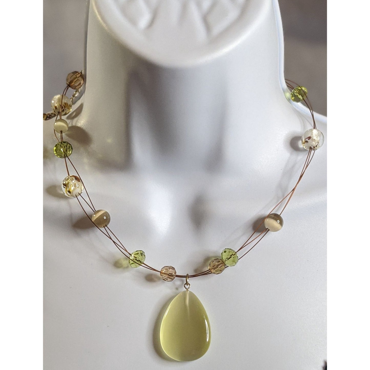 Spring Inspired Beaded Necklace With Yellow Teardrop Glass Pendant