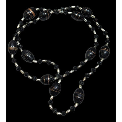 Gothic Black Glass And Silver Tone Beaded Necklace