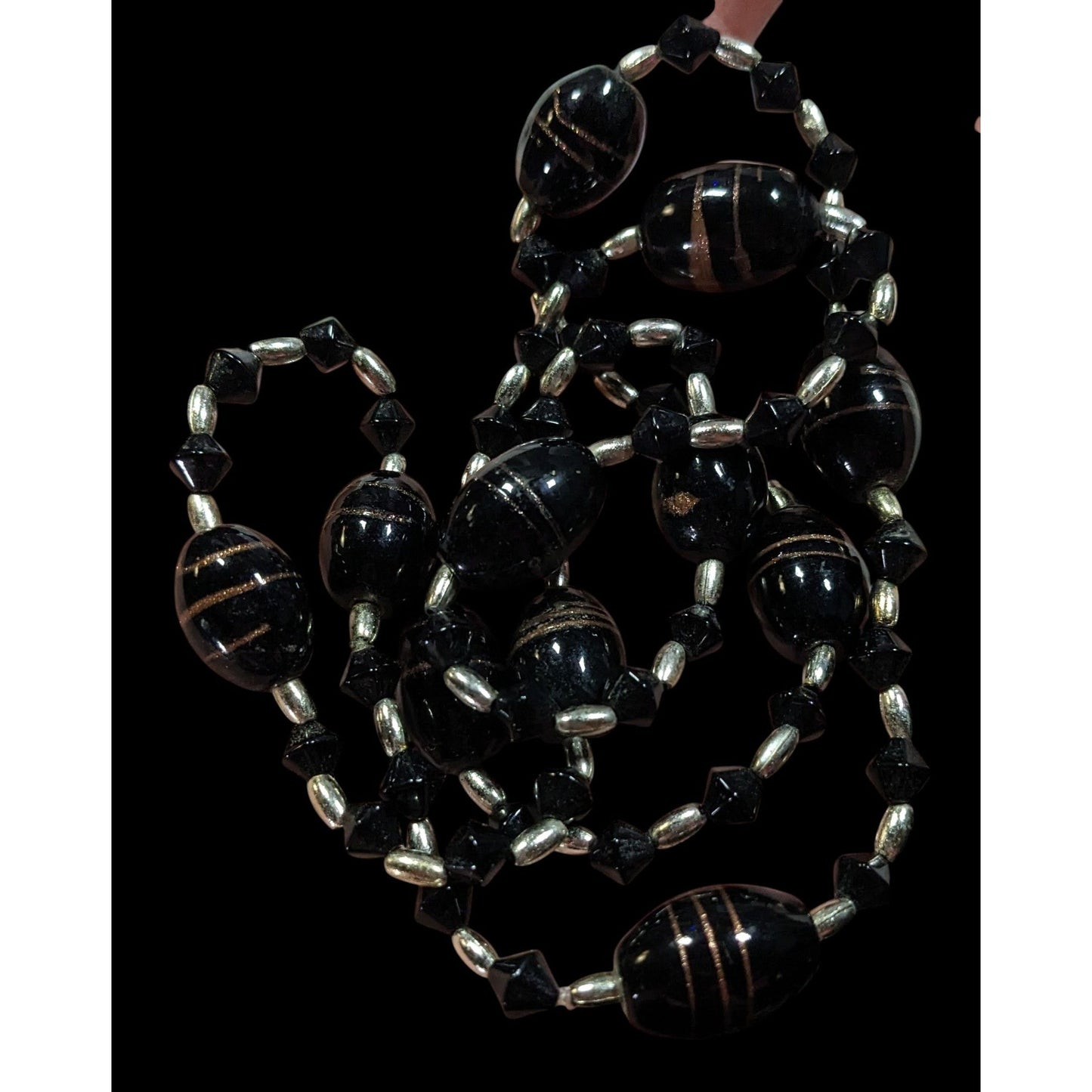 Gothic Black Glass And Silver Tone Beaded Necklace