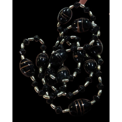 Gothic Black Glass And Silver Tone Beaded Necklace