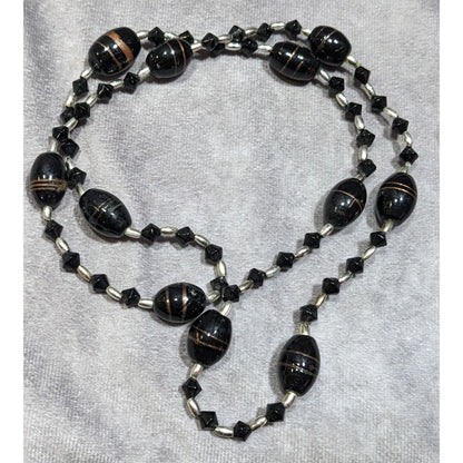 Gothic Black Glass And Silver Tone Beaded Necklace