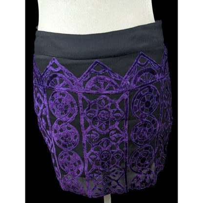 Rococo Sand Gothic Purple And Black Burnt Out Velvet Mini Skirt