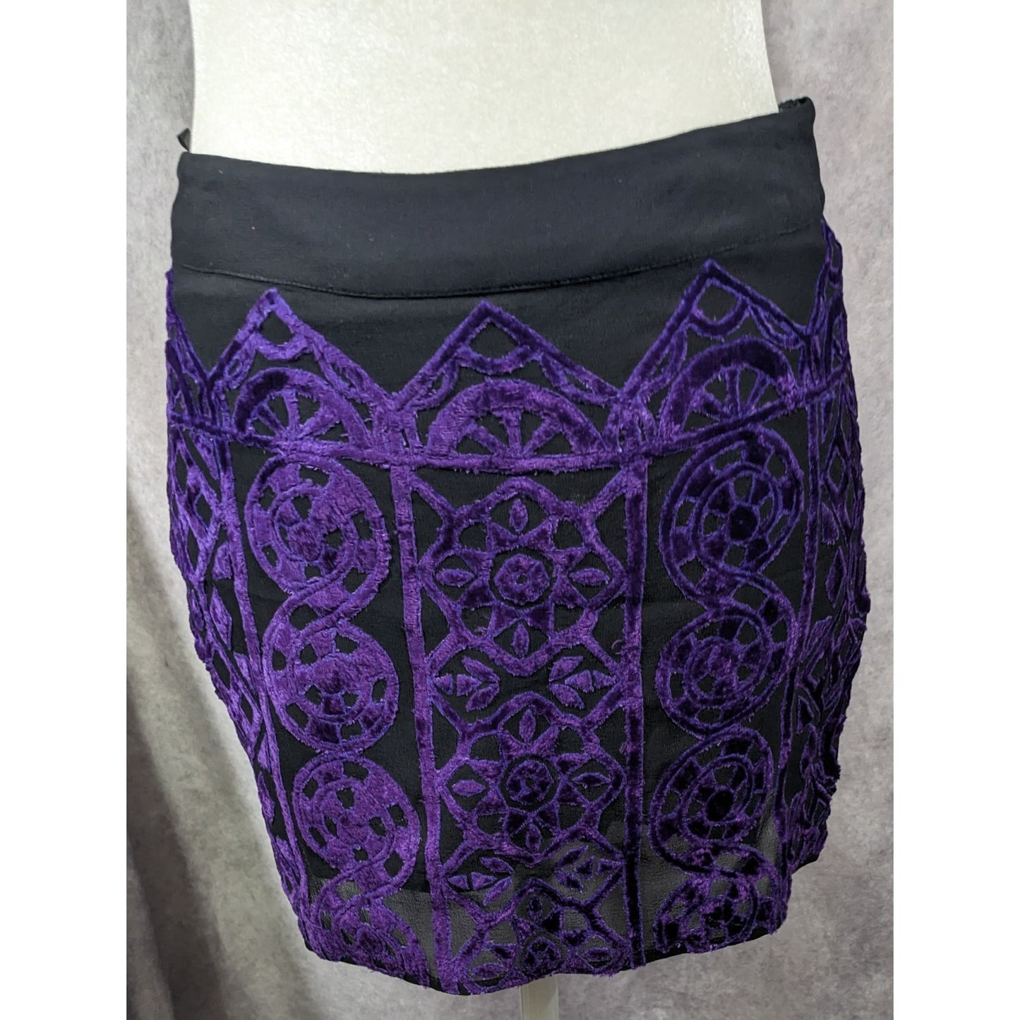 Rococo Sand Gothic Purple And Black Burnt Out Velvet Mini Skirt