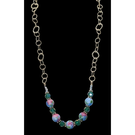 Handmade Cottagecore  Blue & Pink Floral Glass Beaded Necklace With Silver-Tone Chain