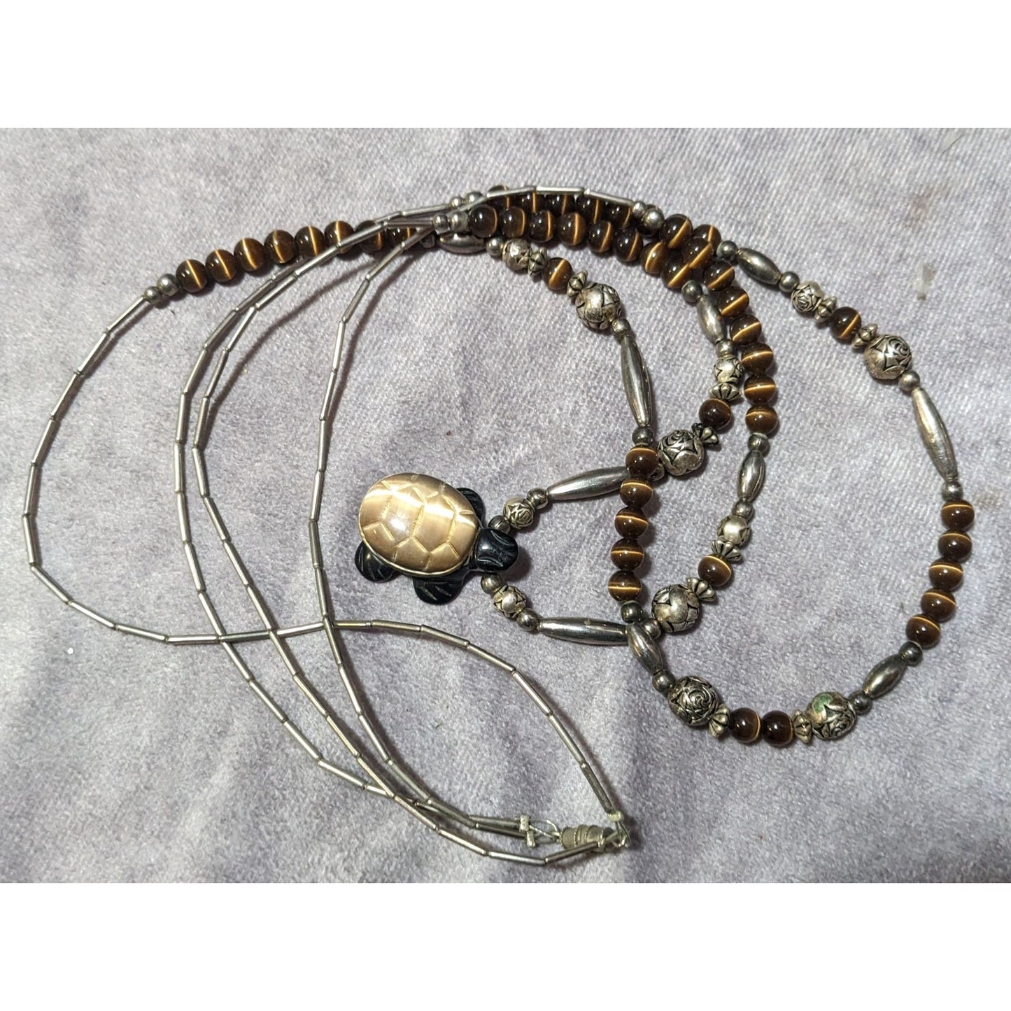 Vintage Liquid Silver Brown Cateye Beaded Multilayer Carved Turtle Necklace