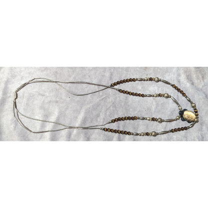 Vintage Liquid Silver Brown Cateye Beaded Multilayer Carved Turtle Necklace