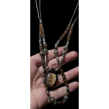 Vintage Liquid Silver Brown Cateye Beaded Multilayer Carved Turtle Necklace