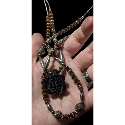 Vintage Liquid Silver Brown Cateye Beaded Multilayer Carved Turtle Necklace