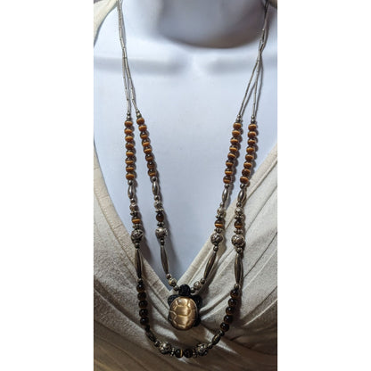 Vintage Liquid Silver Brown Cateye Beaded Multilayer Carved Turtle Necklace