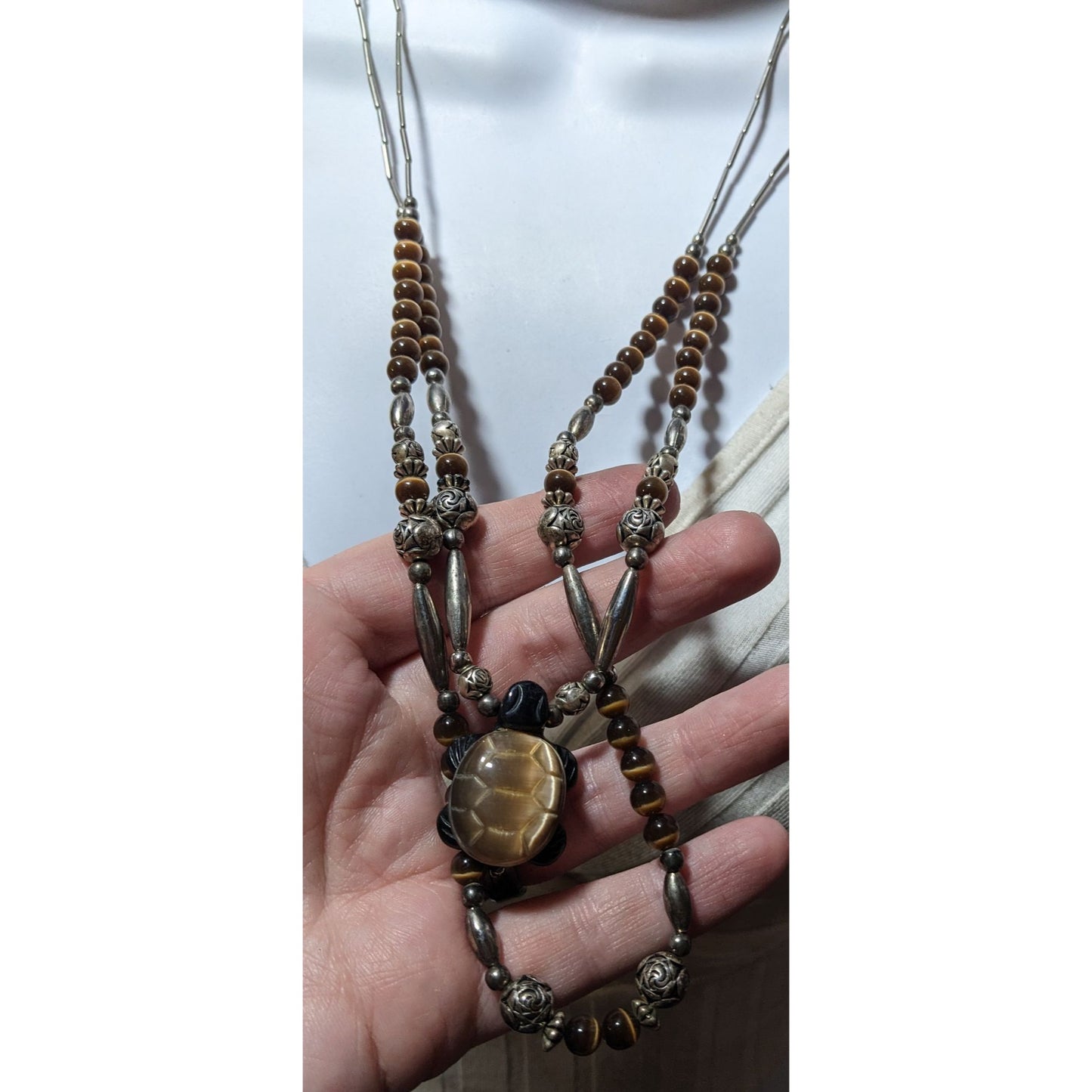 Vintage Liquid Silver Brown Cateye Beaded Multilayer Carved Turtle Necklace