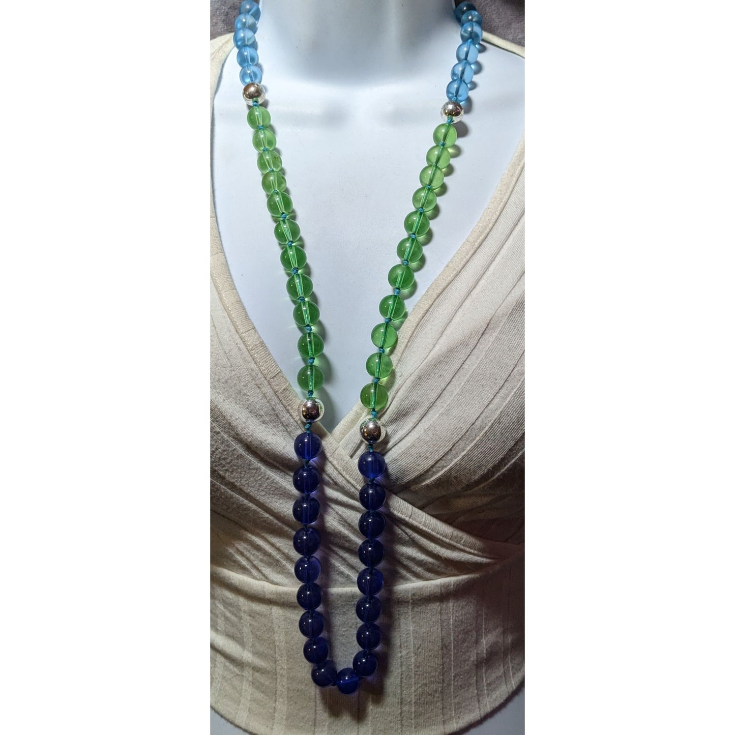 Vintage Robert Rose Blue And Green Glass Beaded Necklace