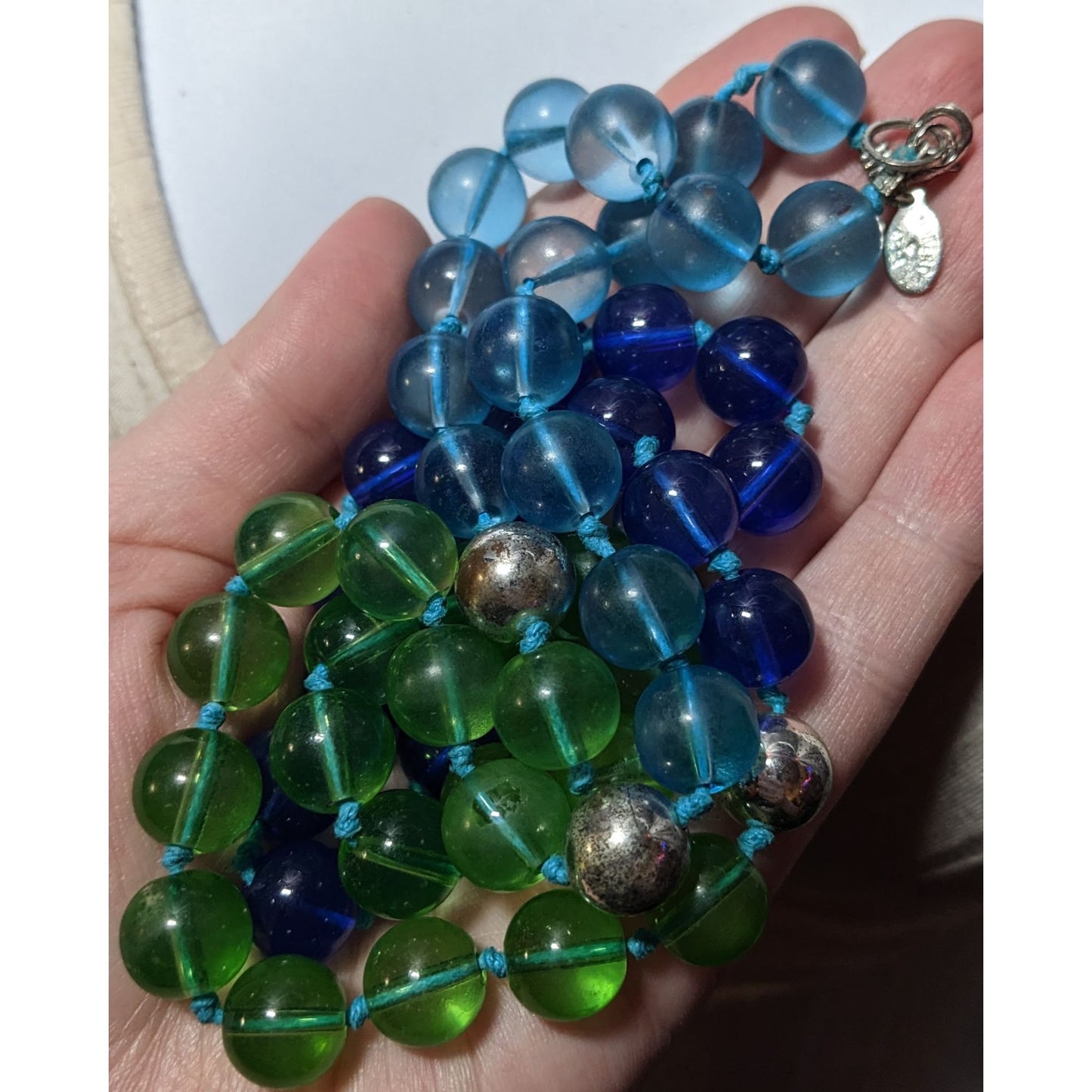 Vintage Robert Rose Blue And Green Glass Beaded Necklace